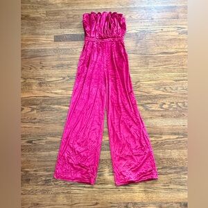 ENTRO Strapless Velvet Jumpsuit Raspberry Pleated Wide Leg Pockets